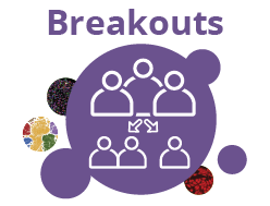 The word Breakouts in purple text above a purple circle with a panel of speakers in front of audience members.