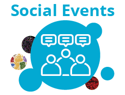 The words Social Events in blue text above an illustration of three individuals with thought balloons above their heads.