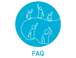 An illustration of people with their hand up and the word FAQ beneath