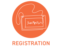 An illustration of a retreat badge on an orange background with the word Registration underneath